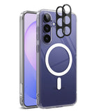 Bundle 15% Galaxy S26 FE Case + Screen / Camera Protectors | Fusion Magnetic - A clear protective phone case with a white MagSafe ring on the back, shown on a blue-purple smartphone. The case includes black camera lens protectors, displayed against a clean white background.