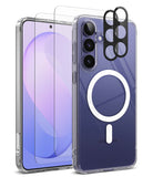 Bundle 15% Galaxy S26 FE Case + Screen / Camera Protectors | Fusion Magnetic - Clear protective phone case with MagSafe compatibility, shown on a blue smartphone alongside a matching clear screen protector and camera lens protector film.
