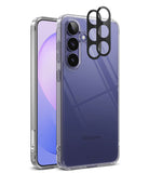 Bundle 15% Galaxy S26 FE Case + Screen / Camera Protectors | Fusion - A clear protective phone case shown on a Samsung smartphone, with a black camera lens protector accessory displayed above the rear camera cutout on a clean white background.