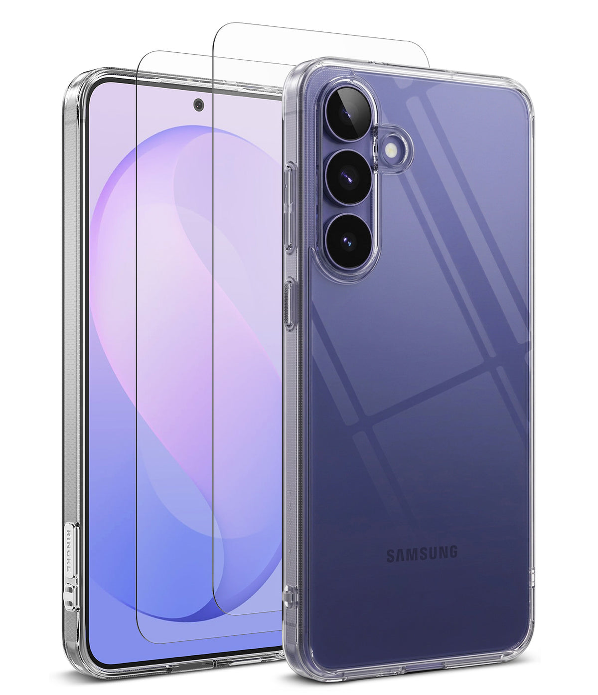 Bundle 15% Galaxy S26 FE Case + Screen / Camera Protectors | Fusion - A clear protective phone case shown on a Samsung smartphone, alongside two transparent screen protectors, on a clean white background.