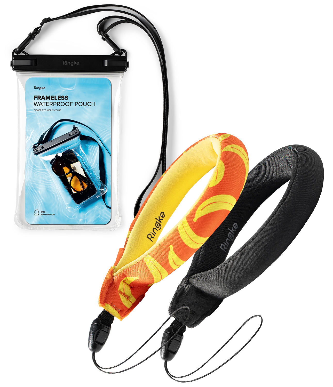 Banana / Black Floating Strap & Frameless Waterproof Pouch | Wrist strap, frameless waterproof pouch, and colorful armband with Ringke branding on a white background.