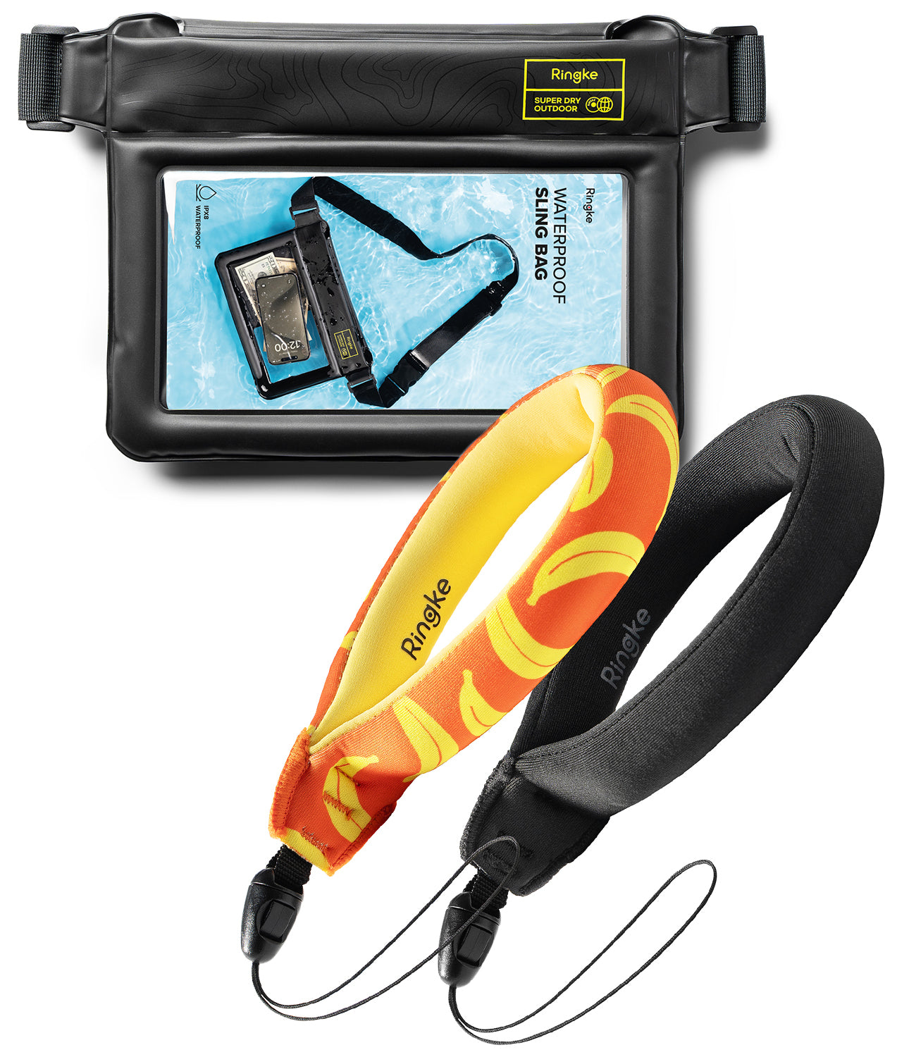 Banana / Black Floating Strap & Waterproof Sling Bag | Waterproof phone case with screen protector and two straps on a white background