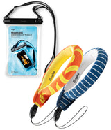 Banana / Navy Stripes Floating Strap & Frameless Waterproof Pouch | Two colorful umbrellas with a frameless waterproof pouch on a white background