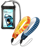 Banana / Navy Stripes Floating Strap & Floating Waterproof Pouch | Ringke floating waterproof pouch with two colorful phone cases on a white background