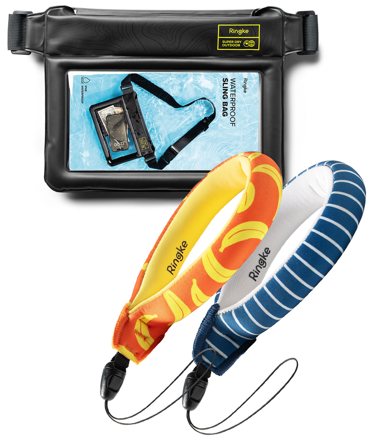Banana / Navy Stripes Floating Strap & Waterproof Sling Bag | Waterproof phone case and two colorful lanyards with Ringke branding on a white background.