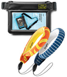 Banana / Navy Stripes Floating Strap & Waterproof Sling Bag | Waterproof phone case and two colorful lanyards with Ringke branding on a white background.