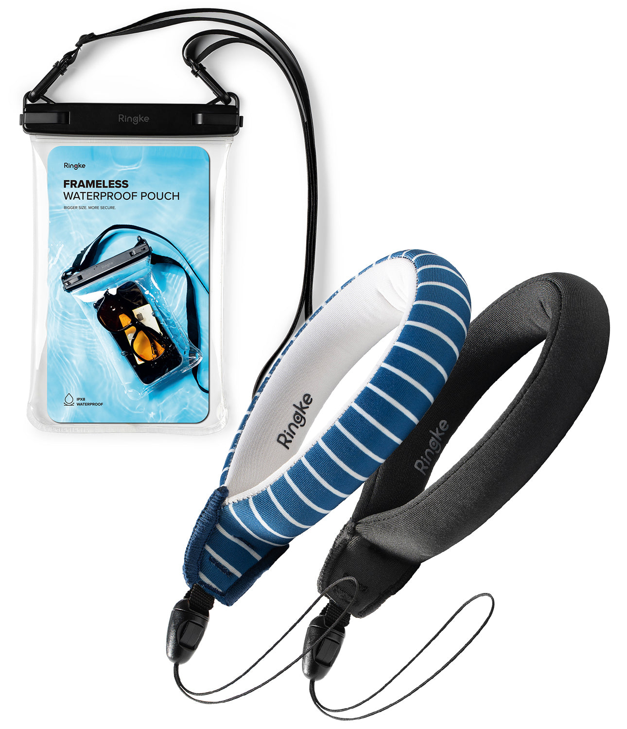 Navy Stripes / Black Floating Strap & Frameless Waterproof Pouch | Waterproof pouch and camera straps on a white background