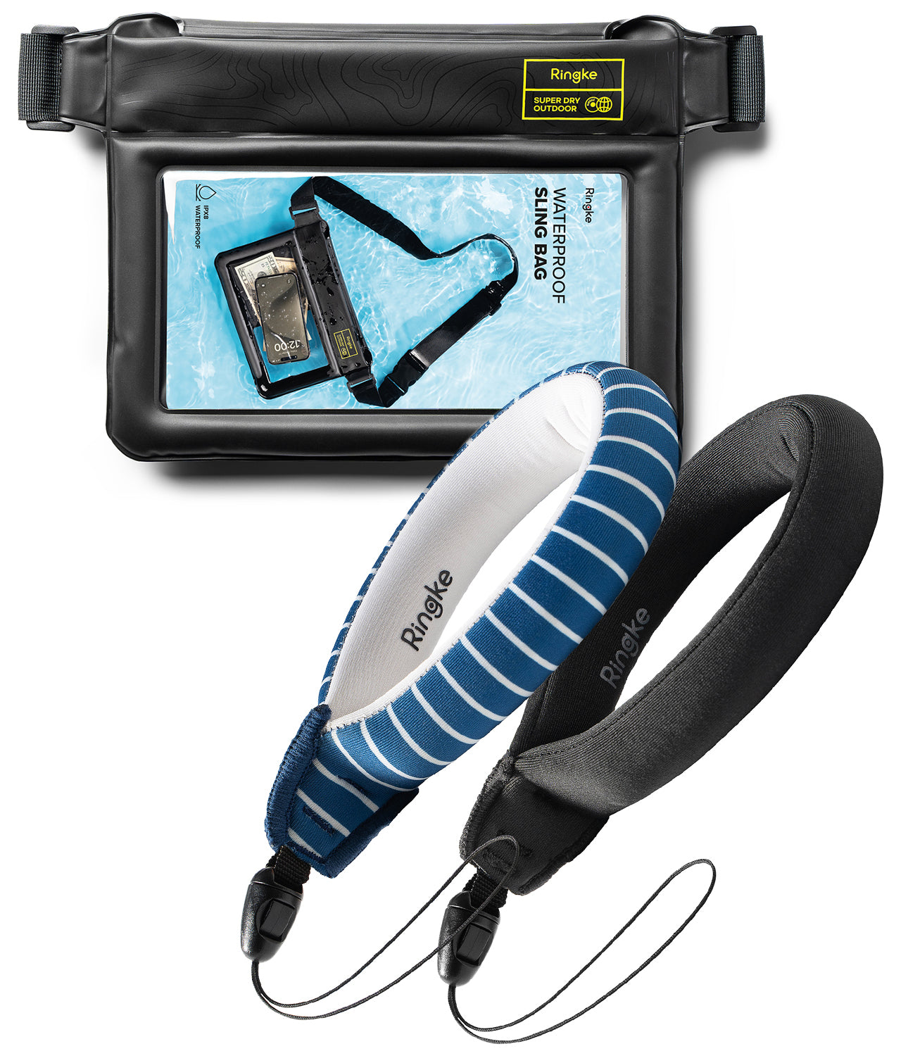 Navy Stripes / Black Floating Strap & Waterproof Sling Bag | Waterproof phone case with screen protector and Rangefi branded accessories on a white background