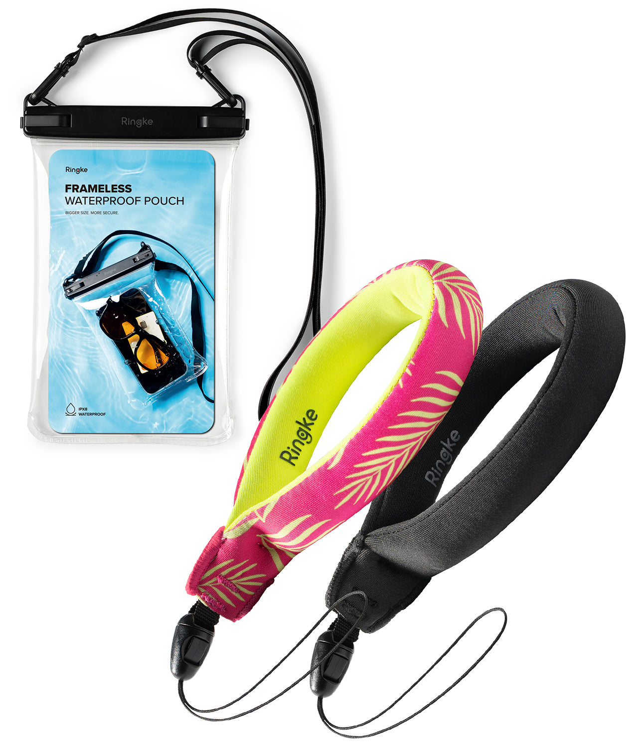 Palm Leaves / Black Floating Strap & Frameless Waterproof Pouch | Ringle frameless waterproof pouch with a colorful strap on a white background
