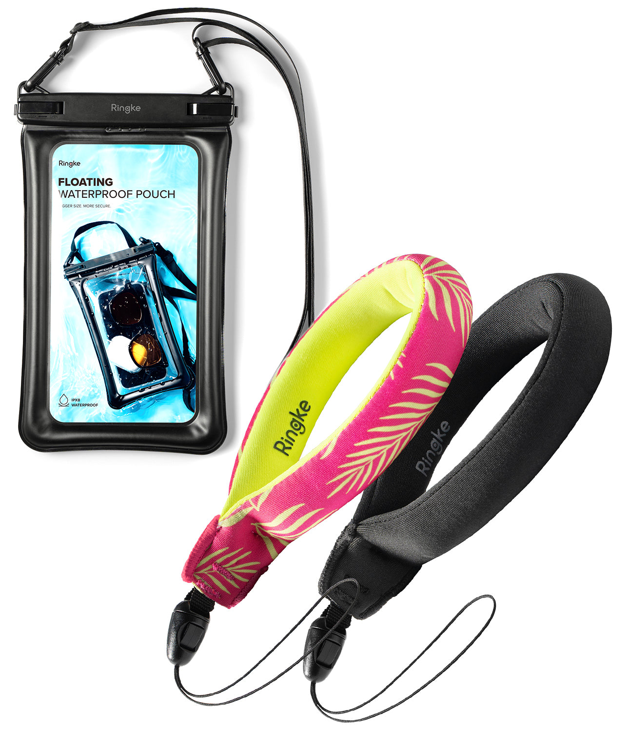 Palm Leaves / Black Floating Strap & Floating Waterproof Pouch | Ringke waterproof pouch and lanyard with pink and yellow design on a white background