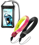 Palm Leaves / Black Floating Strap & Floating Waterproof Pouch | Ringke waterproof pouch and lanyard with pink and yellow design on a white background