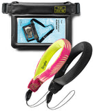 Palm Leaves / Black Floating Strap & Waterproof Sling Bag | Ringle waterproof phone case with a pink and yellow strap on a white background