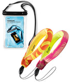Palm Leaves / Banana Floating Strap & Frameless Waterproof Pouch | Two colorful headbands with a frameless waterproof pouch on a white background