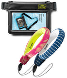 Palm Leaves / Navy Stripes Floating Strap & Waterproof Sling Bag | Ringke waterproof phone case with colorful shoulder straps on a white background