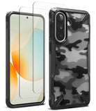 [Bundle] Galaxy A57 | Fusion-X - Galaxy A57 phone in a black camo Fusion-X case with two glass screen protectors floating in front.