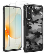 [Bundle] Galaxy A57 | Fusion-X - Galaxy A57 phone in a black camo Fusion-X case with two glass screen protectors floating in front.