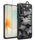 [Bundle] Galaxy A57 | Fusion-X - Galaxy A57 phone in a black camo Fusion-X case with a screen protector and camera lens cover.