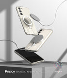 Galaxy S23 Plus Case | Fusion Magnetic Matte - Two Galaxy S23+ phones in clear magnetic cases floating with chargers.