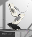 Galaxy S23 Case | Fusion Magnetic Matte - Two Galaxy S23 phones in magnetic cases floating with wireless chargers.