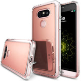 LG G5 | Mirror - Three gold LG G5 smartphones in clear Ringke Fusion mirror cases against a geometric background.