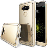 LG G5 | Mirror - Gold Ringke Fusion mirror phone cases displayed from multiple angles against a geometric background.