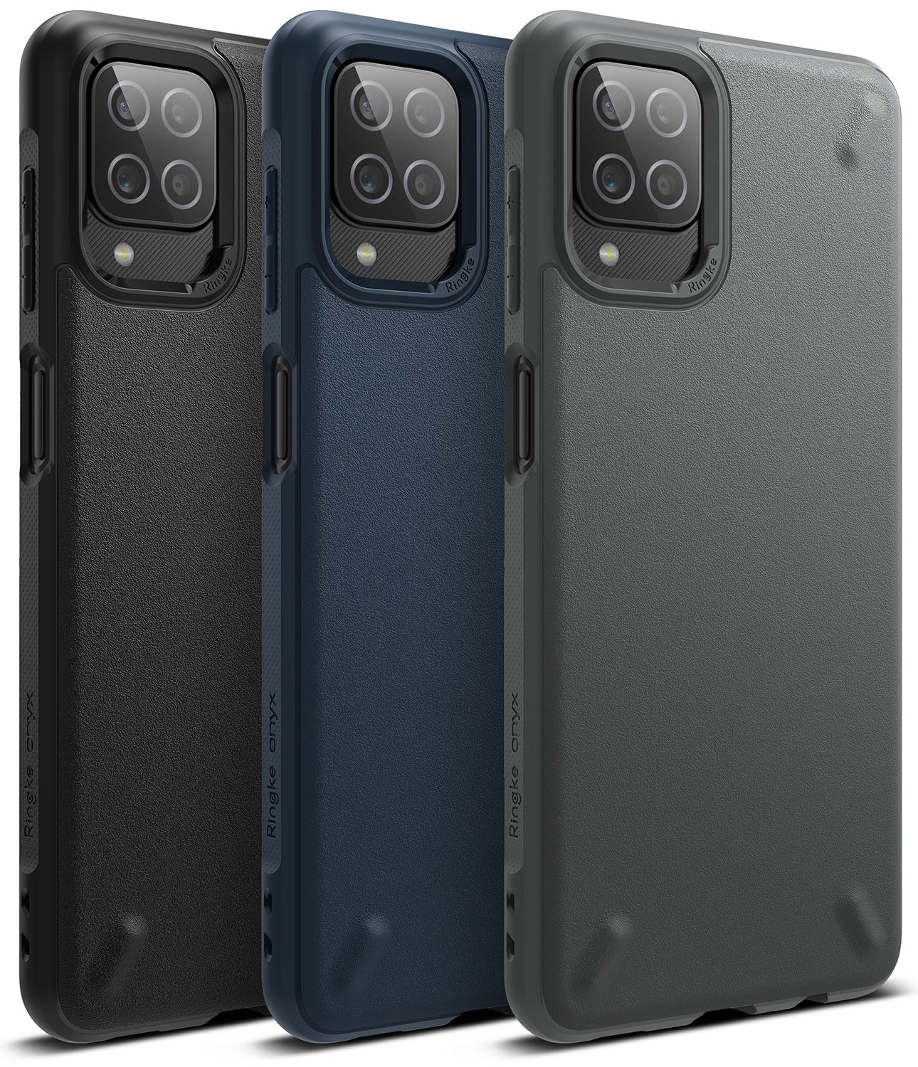 Galaxy A12 / A02 Case | Onyx - Three textured phone cases in black, navy, and gray with camera cutouts and Ringke branding.