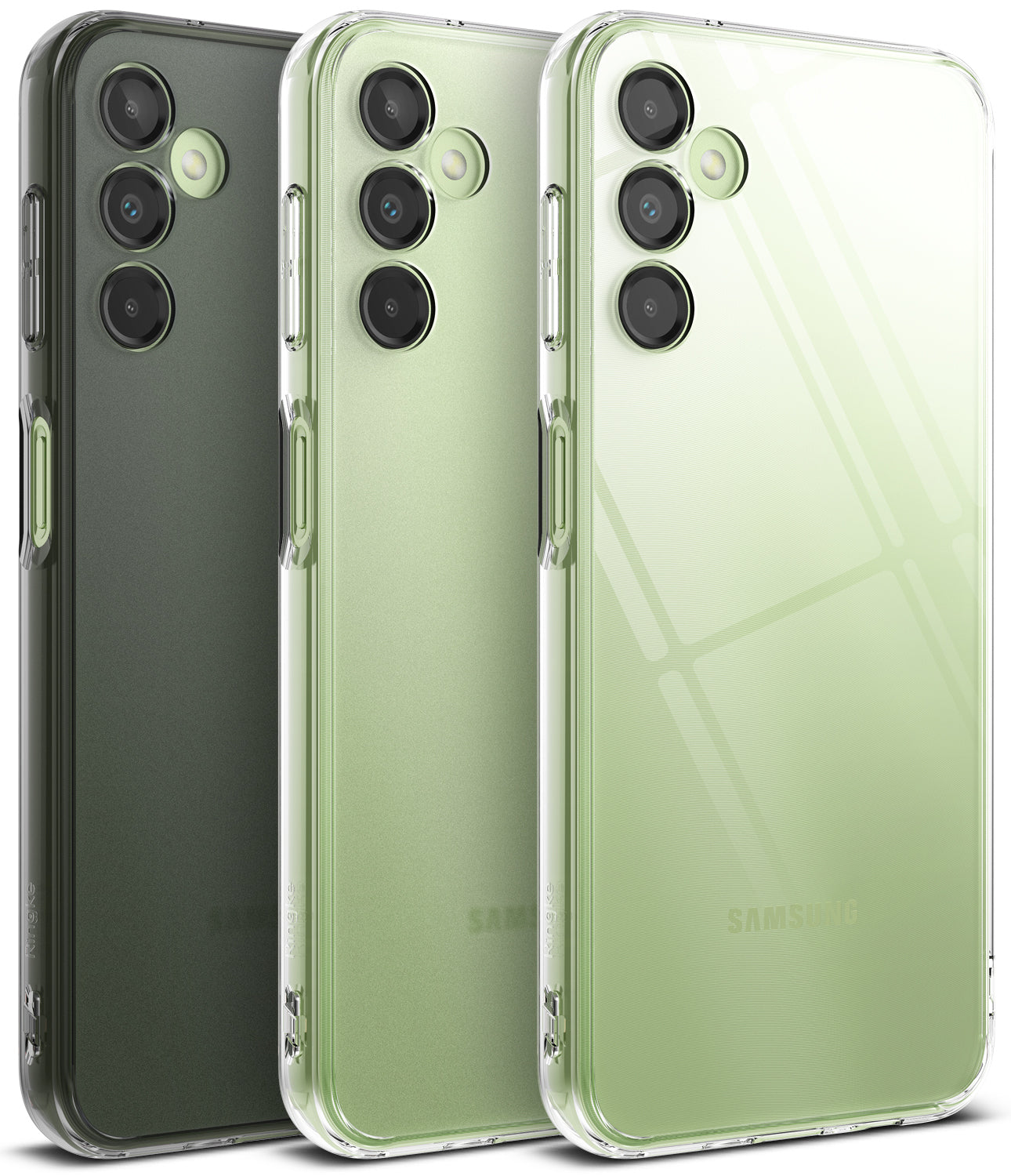 Galaxy A14 Case | Fusion - Clear protective phone case hovering over a light green Samsung Galaxy A14 amid floating glass orbs.