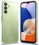 Galaxy A14 Case | Fusion - Clear protective case hovering over a light green Samsung Galaxy A14 5G amidst floating glass orbs.