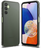 Galaxy A14 Case | Fusion - A clear protective phone case floating in front of a light green Samsung Galaxy A14 5G amid glass orbs.