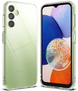 Galaxy A14 Case | Fusion - A clear protective case floating above a light green Samsung Galaxy A14 phone amidst glass orbs.