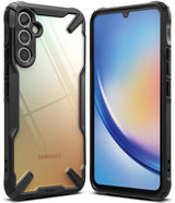 Galaxy A34 Case | Fusion-X - Samsung Galaxy A34 in a rugged black Fusion-X case showing both the clear back and front screen.
