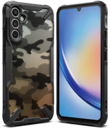Galaxy A34 Case | Fusion-X - Rugged black phone case with a camouflage back panel shown from front and rear angles.