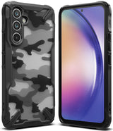 Galaxy A54 Case | Fusion-X - Black rugged phone case with a striped camo back and a front view showing a colorful screen.