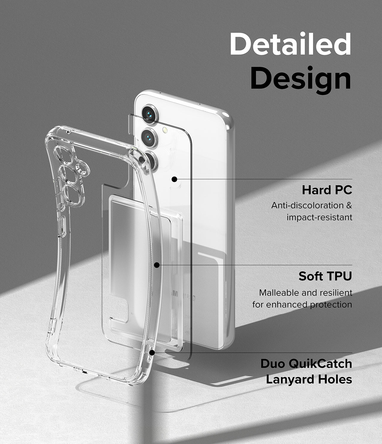 Detailed Design - Hard PC for back, Soft TPU for side, has Duo QuikCatch Lanyard holes