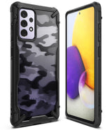 Galaxy A72 Case | Fusion-X - Black rugged phone case with a camouflage back pattern shown from front and back angles.