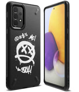 Galaxy A72 Case | Onyx Design - Black phone case with white graffiti-style smiley face and text on the back, shown with phone front.