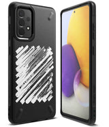 Galaxy A72 Case | Onyx Design - Black phone case with white brushstroke art and text on back, shown from front and rear.