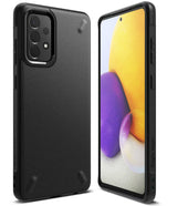 Galaxy A72 Case | Onyx - Matte black protective phone case shown from back and front angles with a colorful screen display.
