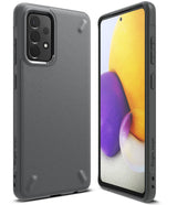 Galaxy A72 Case | Onyx - Matte black protective phone case shown from back and front angles with a colorful screen display.
