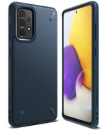 Galaxy A72 Case | Onyx - Navy blue textured protective phone case shown from the back and front with a colorful screen.