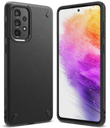 Galaxy A73 5G Case | Onyx - Matte black textured phone case for Galaxy A73 5G on a dark surface with branding and accessories.