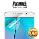 Galaxy Note 5 Screen Protector | Film - Galaxy Note 5 Screen Protector - Invisible Defender film being applied to a Samsung phone with a 3+1 pack warranty seal.