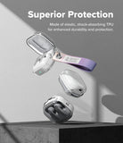 Galaxy Buds 4 Pro / 4 Case | Air - Clear TPU cases for Galaxy Buds floating above a pedestal with a purple wrist strap.