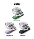 Galaxy Buds 4 Pro / 4 Case | Air - Three clear Samsung earbud cases with green, purple, and black fabric wrist straps.