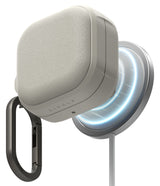 Samsung Galaxy Buds On / 4 Pro / 4 Case | Onyx Magnetic - Textured gray case magnetically attached to a glowing wireless charger.