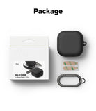 Galaxy Buds 4 Pro / 4 Case | Silicone - Packaging, black silicone case, adhesive strips, and a metal carabiner.