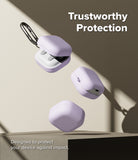 Galaxy Buds 4 Pro / 4 Case | Silicone - Three lavender silicone cases for Galaxy Buds floating against a beige background.