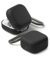 Galaxy Buds 4 Pro / 4 Case | Silicone - Two black silicone cases for Galaxy Buds, one open and one closed, with carabiners.