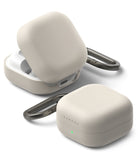 Galaxy Buds 4 Pro / 4 Case | Silicone - Two beige silicone cases for Galaxy Buds, one open and one closed, each with a metal carabiner.
