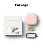 Galaxy Buds 4 Pro / 4 Case | Silicone - Pink silicone case, adhesive strips, and black carabiner with product packaging.